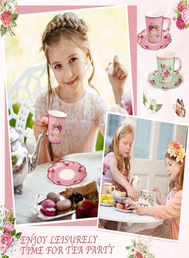 NatNarr 24 Sets Vintage Floral Tea Party Cups 7 OZ Disposable Paper Tea Cups with Handle and Plates Teacups and Saucer Sets for Baby Bridal Shower Wedding Birthday(Vintage Style) - Image 5
